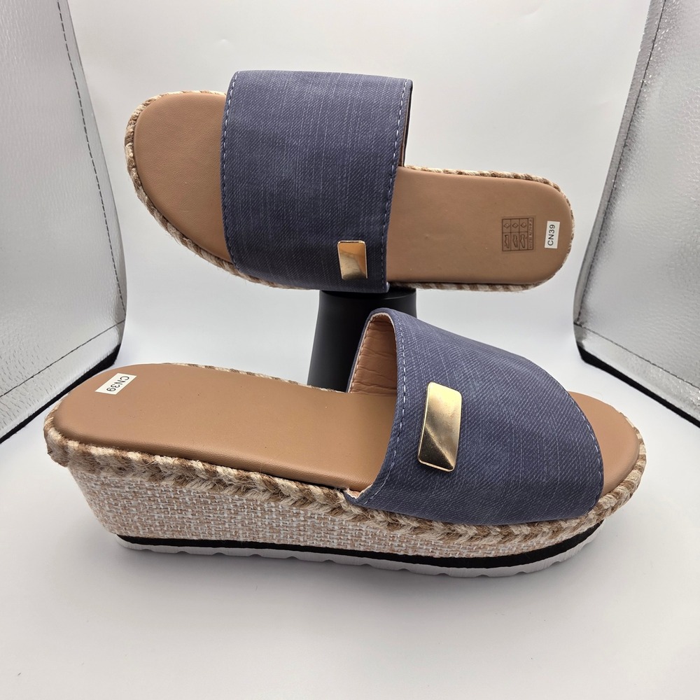 Women's Blue Denim Espadrille Platform Wedge Slide Sandals Size 8 CN39